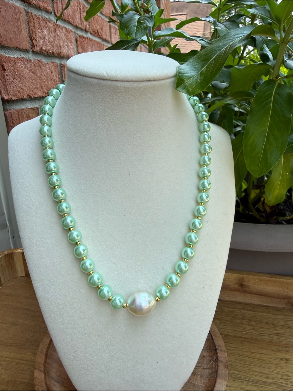 Green Faux Pearl & Gold Beaded Necklace – 18” with Large Baroque Faux Pearl